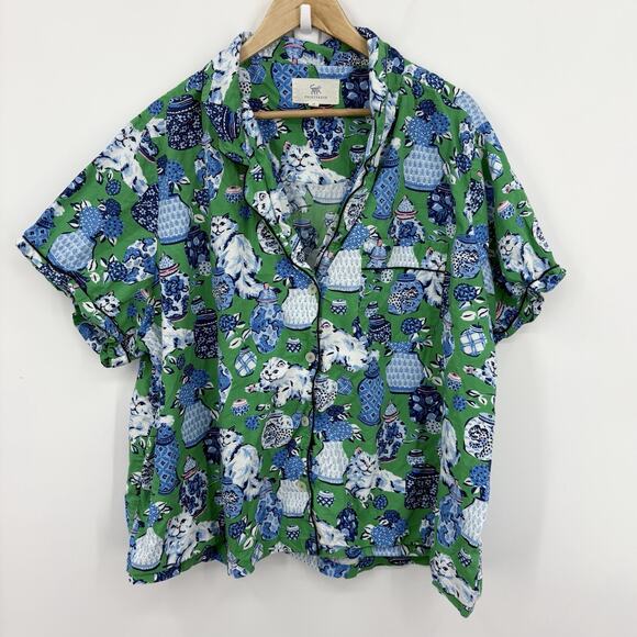 Printfresh Fancy Cat Pajama Shirt Womens 3X Short Sleeve Top Whimsy Retro Poplin - Picture 1 of 8